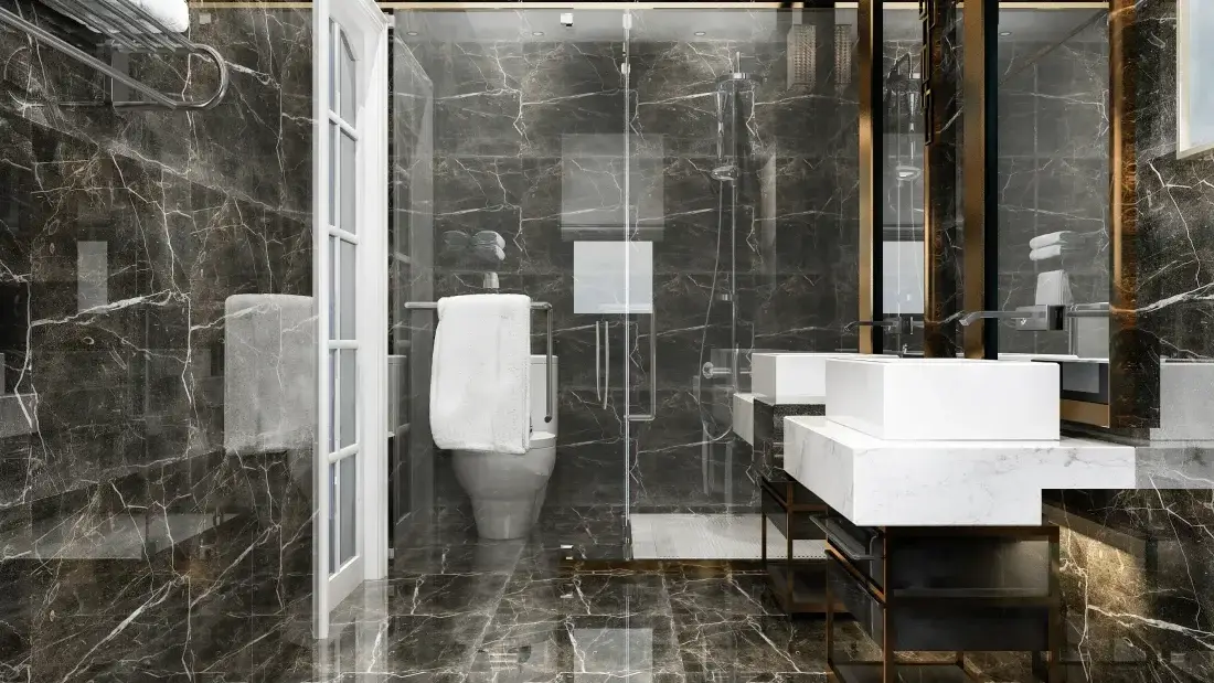 Siyah mermer desenli, cam duşakabinli lüks banyo 3B tasarım render'ı