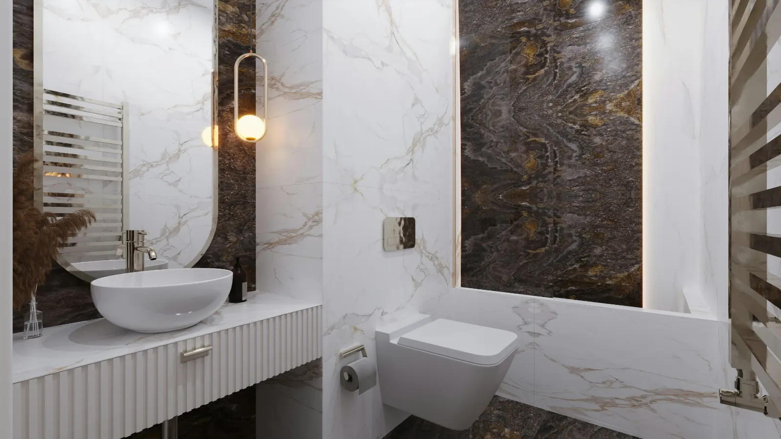 Mermer kaplamalı, sarkıt aydınlatmalı kompakt banyo