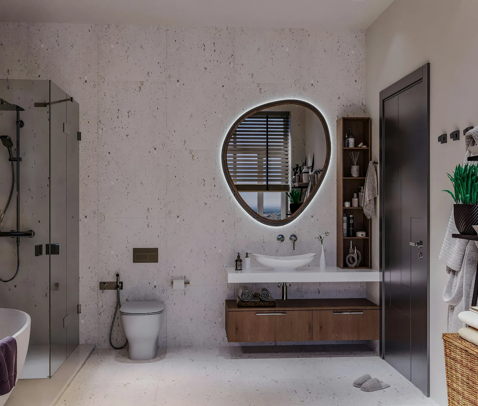Dar duvar rafı ile depolama çözümü sunan kompakt banyo