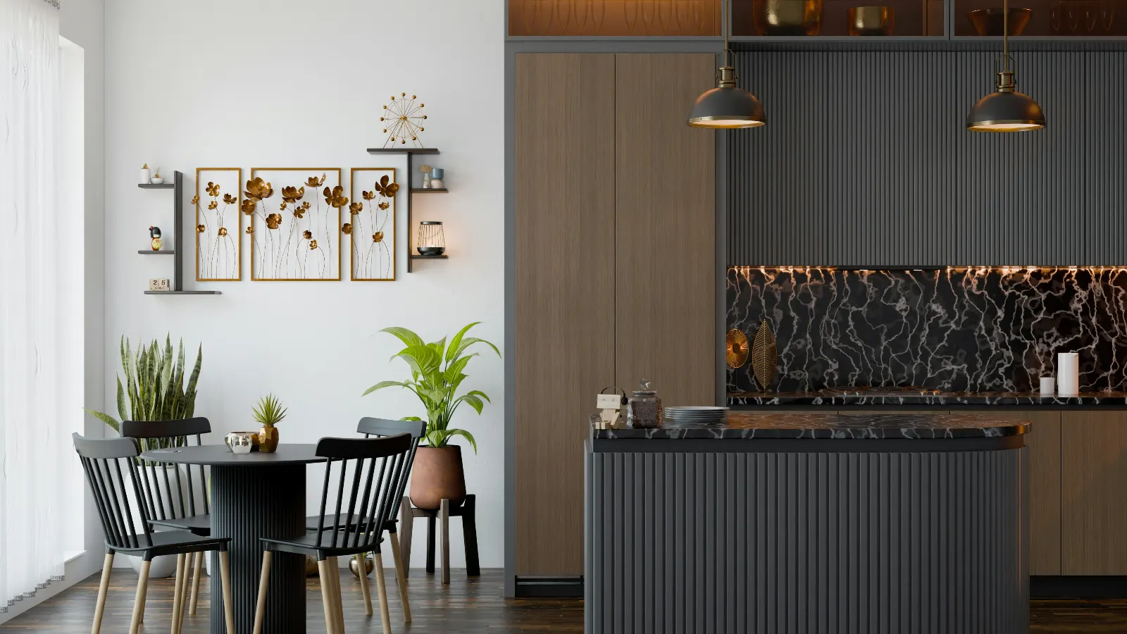 Füme ahşap kaplamalı, mermer tezgahlı modern mutfak tasarımı